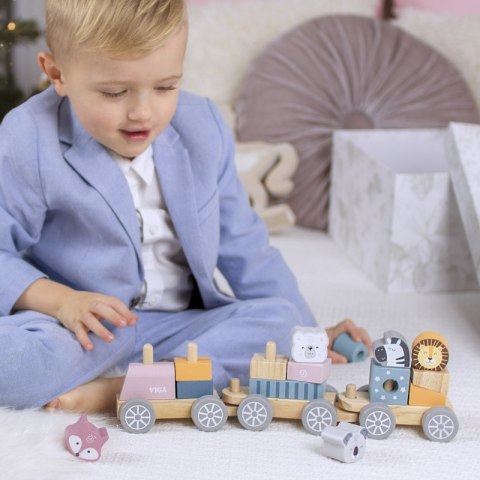 VIGA PolarB Drewniana Kolejka z Wagonikami i Zwierzątkami Do Układania Montessori