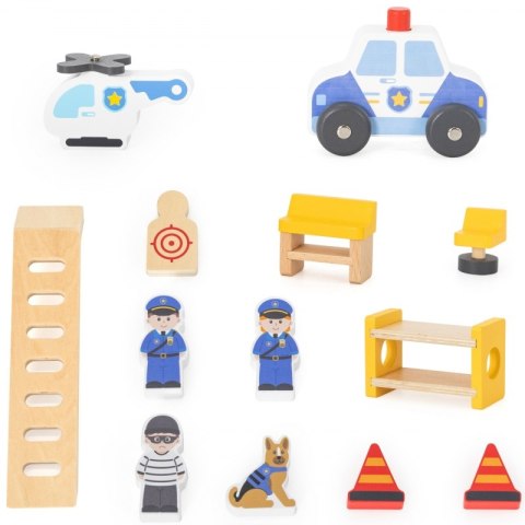 VIGA Drewniany Komisariat Policji Radiowóz Zestaw Domek 3 poziomy 14 el