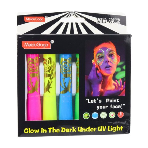Zestaw Do Malowania Twarzy Pisaki Kredki Neonowe UV Fluorescencyjne 6szt