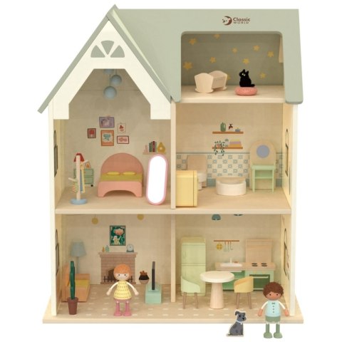 CLASSIC WORLD Wielki Drewniany Domek Przytulny Zakątek dla Lalek z Mebelkami 31el.