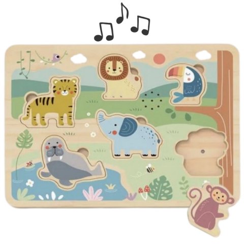 TOOKY TOY Drewniana Układanka Montessori Interaktywne Puzzle Dźwiękowe Dzikie Zwierzęta Safari