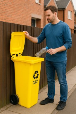 Kosz na smieci pojemnik 120L kubeł śmietnik żółty plastik gumowe koła