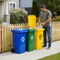 Zestaw 3 koszy na śmieci pojemniki 3x120L niebieski zielony żółty makulatura szkło plastik gumowe koła