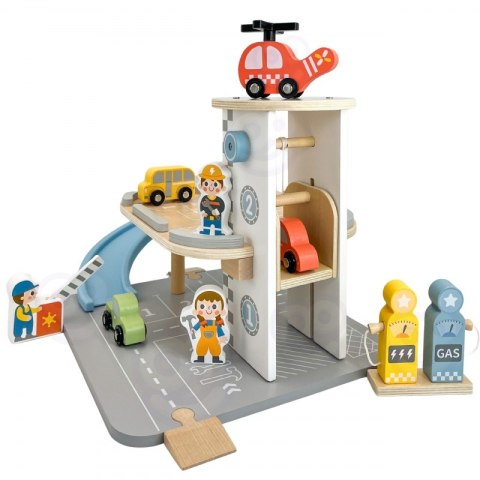WOOPIE GREEN Drewniany Parking Piętrowy 2w1 Stacja Benzynowa z Autkami i Figurkami 12 el. FSC