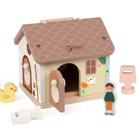 CLASSIC WORLD Drewniany Domek Sensoryczny Edukacyjny z Zamkami Kluczykami 11el.