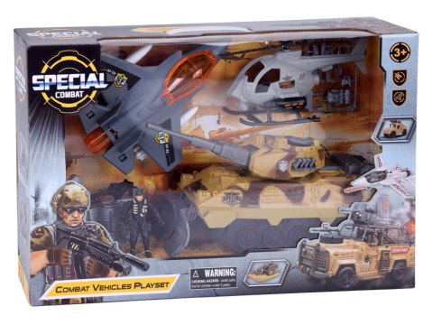 Duży zestaw militarny czołg myśliwiec helikopter + żołnierz ZA5752