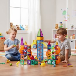 Klocki magnetyczne świecące konstrukcyjne tor kulkowy kulodrom 134 elementy