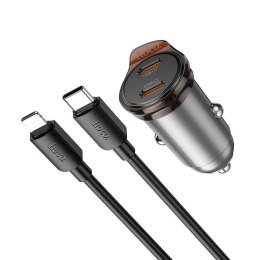 Ładowarka samochodowa Hoco 2 x USB C QC PD 45W + kabel USB C do Lightnning NZ16B szara
