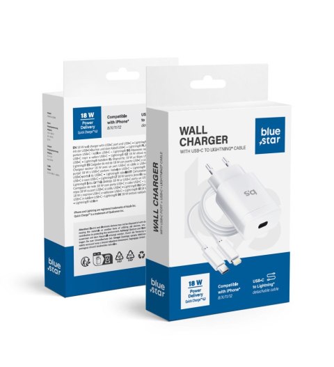Ładowarka sieciowa do telefonu Blue Star USB C QC4.0 PD 3A 18W + kabel USB C do Lightning TFK-TC-1099C biała