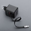 Ładowarka sieciowa do telefonu Forcell F-Energy GaN USB C + USB A + zwijany kabel USB C PD QC4.0 3A 70W VT-R7 szara