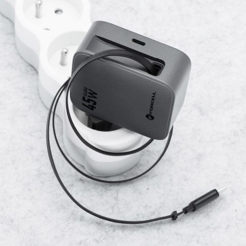 Ładowarka sieciowa do telefonu Forcell F-Energy GaN USB C + zwijany kabel USB C PD QC4.0 3A 45W VT-R5 szara
