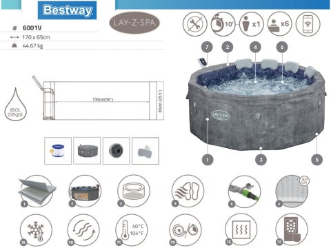 Bestway Lay-Z-Spa Carrara AirJet 6 hydromasaż 4-6os WiFi aplikacja 6001V