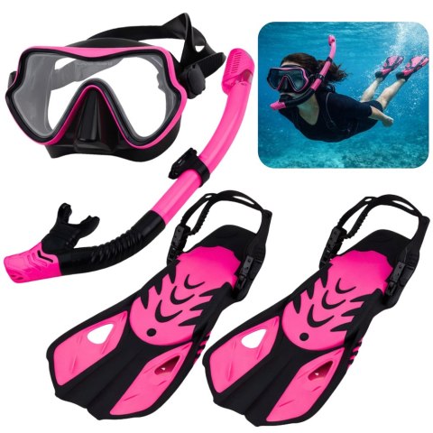 Zestaw Do Nurkowania Snorkelingu Płetwy Okulary Fajka Czarno-Różowy S/M