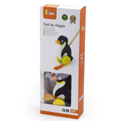 VIGA TOYS Drewniany Pchacz Pingwin Zabawka na Kiju do Pchania na Roczek