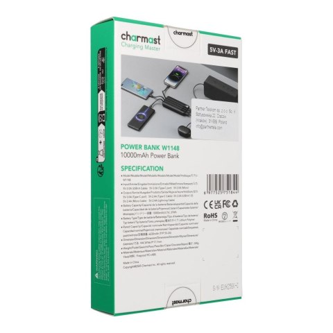 Powerbank Charmast W1148 5V 3A 10000 mAh z wbudowanymi kablami USB A / USB C / Lightning / Micro USB czarny