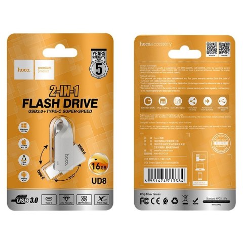 Pendrive 16GB USB 3.0 (USB A + USB C) Hoco UD8 nikiel