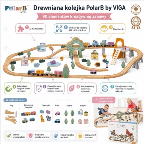 VIGA PolarB Drewniana kolejka dla dzieci Pociąg Tor 90 elementów