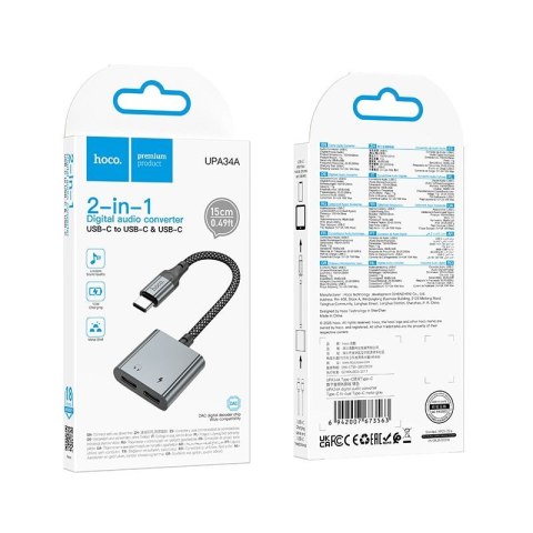 Adapter AUX USB C do 2x USB C max 10W Hoco UPA34A szary
