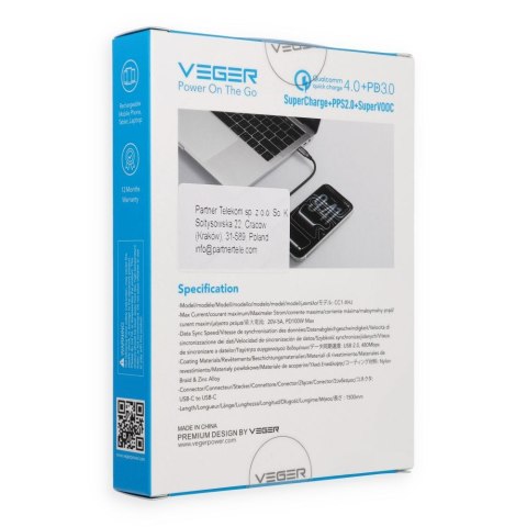 Kabel z wyświetlaczem LED USB C do USB C VEGER PD 5A 100W 1,5 m CC1-XHJ czarny