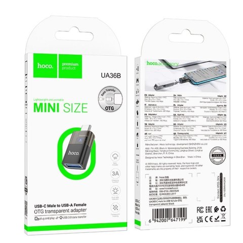 Adapter OTG USB C do USB A Hoco UA36B transparentny czarny