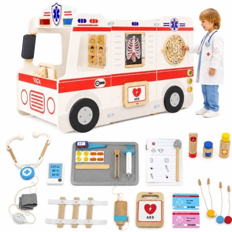 VIGA Duży Drewniany Ambulans Zestaw Karetka Małych Ratowników Akcesoria 25 el.