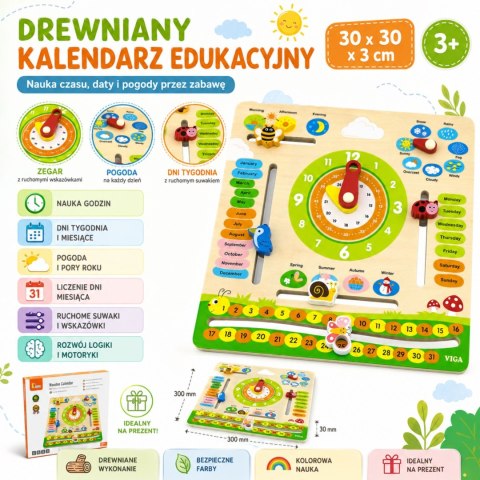 VIGA Drewniany Kalendarz Edukacyjny Zegar Nauka Angielskiego Montessori