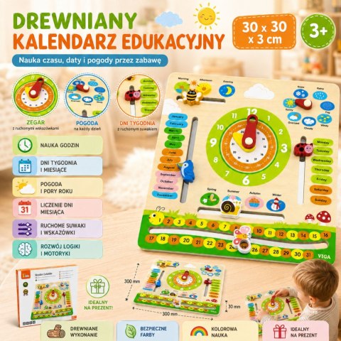 VIGA Drewniany Kalendarz Edukacyjny Zegar Nauka Angielskiego Montessori