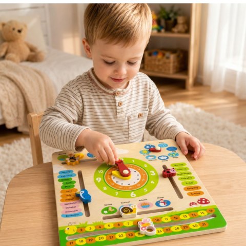 VIGA Drewniany Kalendarz Edukacyjny Zegar Nauka Angielskiego Montessori