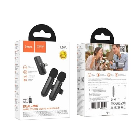 Mikrofon bezprzewodowy podwójny Lightning / USB C Hoco L20A czarny