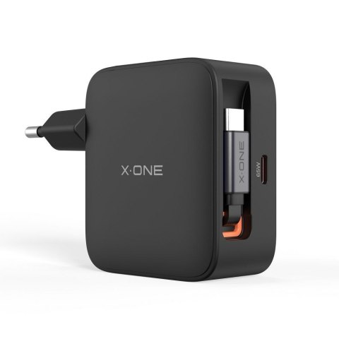 Ładowarka sieciowa X-ONE ChargeGo GaN 65W ze zwijanym kablem USB C i portem typ C - czarna