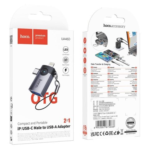 Adapter OTG 2w1 Lightning / USB C do USB A Hoco UA46D Victory szary