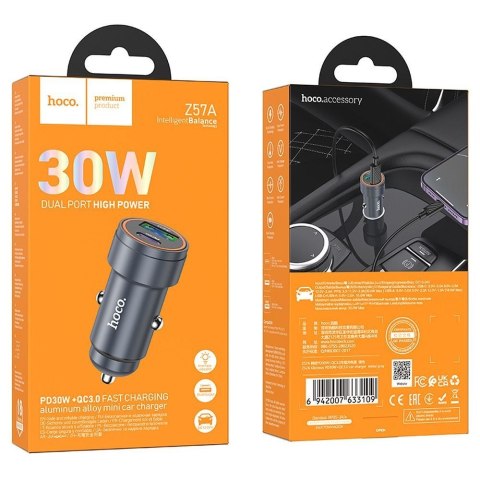 Ładowarka samochodowa Hoco USB A + USB C QC3.0 PD 3A 30W Z57A szara