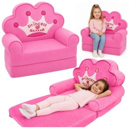 Rozkładany Fotel Sofa Leżanka z Koroną 2W1 Dla Dzieci Miękki Różowy
