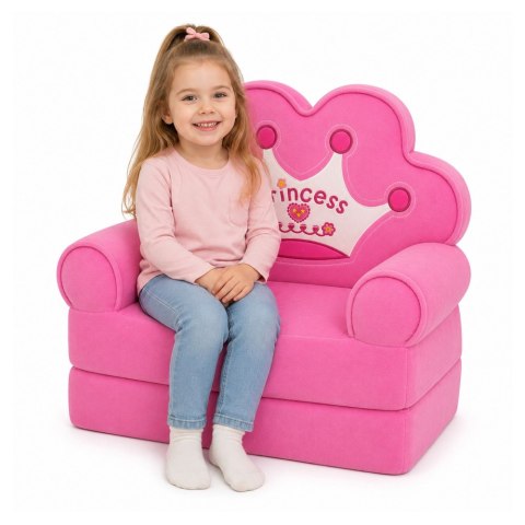 Rozkładany Fotel Sofa Leżanka z Koroną 2W1 Dla Dzieci Miękki Różowy