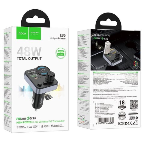 Transmiter samochodowy bluetooth Hoco 2 x USB A + USB C QC3.0 PD 48W E86 czarny