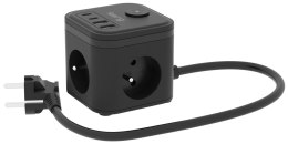 KERG Kostka zasilająca 3-gniazdowa + szybka ładowarka USB-A+USB-C 1,5m 3×1,5mm2 H05VV-F 16A/250V~ Smart czarna