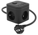 KERG Kostka zasilająca 3-gniazdowa + szybka ładowarka USB-A+USB-C 1,5m 3×1,5mm2 H05VV-F 16A/250V~ Smart czarna