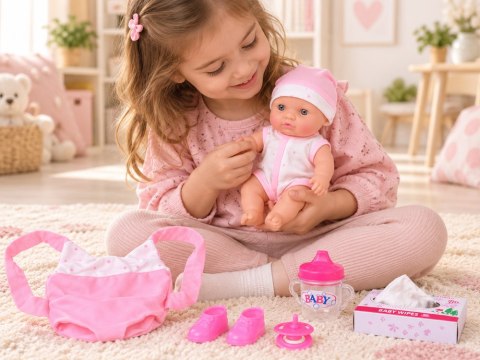 Lalka Bobas 20 cm w Nosidełku ze Smoczkiem Butelką i Akcesoriami ZA6332