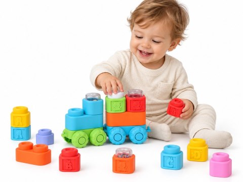 Gumowe klocki 3w1 - miękkie, sensoryczne, dźwiękowe, świetlne 32ele ZA6435
