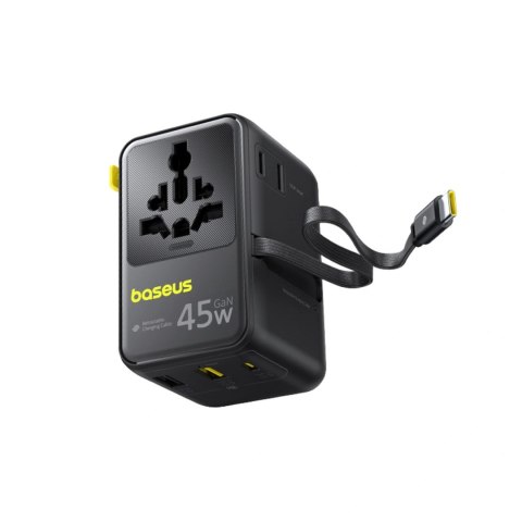 Adapter podróżny Baseus PicoGo AG11 45W 6w1 ze zwijanym kablem USB-C - czarny