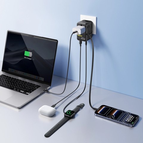 Adapter podróżny Baseus PicoGo AG11 45W 6w1 ze zwijanym kablem USB-C - czarny