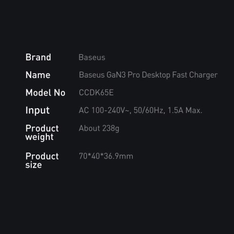 Baseus GaN3 Pro szybka ładowarka sieciowa GaN 2 x USB Typ C / 2 x USB 65W PD, QC4.0+, AFC, PPS + kabel USB Typ C - USB Typ C 1m