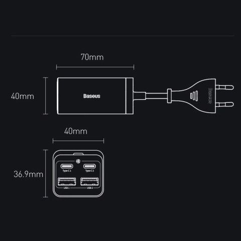 Baseus GaN3 Pro szybka ładowarka sieciowa GaN 2 x USB Typ C / 2 x USB 65W PD, QC4.0+, AFC, PPS + kabel USB Typ C - USB Typ C 1m