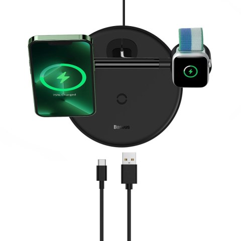 Baseus Swan ładowarka indukcyjna (kompatybilna z MagSafe) stojak do iPhone, Apple Watch, AirPods + kabel USB-C 1m czarny (WXTE00