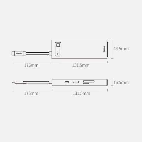 Hub Baseus Metal Gleam 8w1 USB-C - USB-C PD 100W 1x HDMI 4K 30Hz 1x czytnik kart SD i microSD 3x USB-A 3.2 1xRJ45 - szary