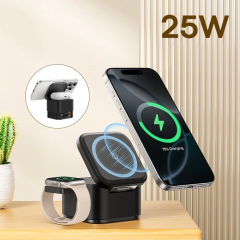Ładowarka indukcyjna Baseus MagPro 3w1 25W kompatybilna z MagSafe do telefonu i smartwatcha - czarna