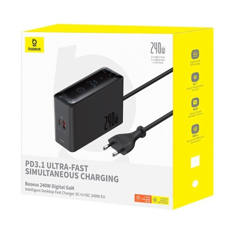 Ładowarka sieciowa Baseus Digital GaN 3xUSB-C 1xUSB-A 240W z kablem zasilającym - czarna