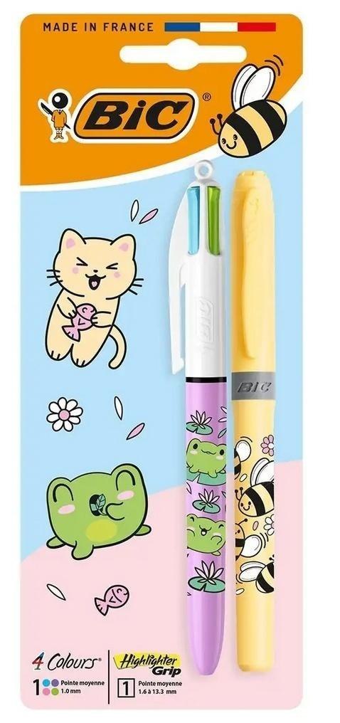 Długopis 4 Colors Kawaii mix+zakreślacz żółty BIC