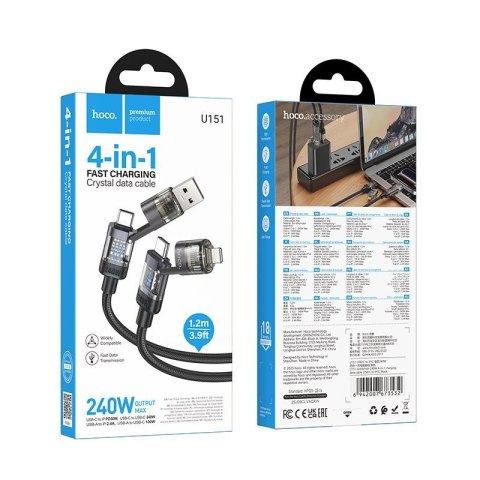 Kabel 4w1 USB A/C do USB C/Lightning Hoco 240W 1,2 m U151 czarny