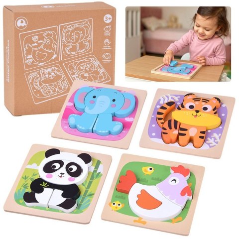 Drewniane puzzle - zestaw 4 układanek panda, słoń, kura, tygrys ZA6259